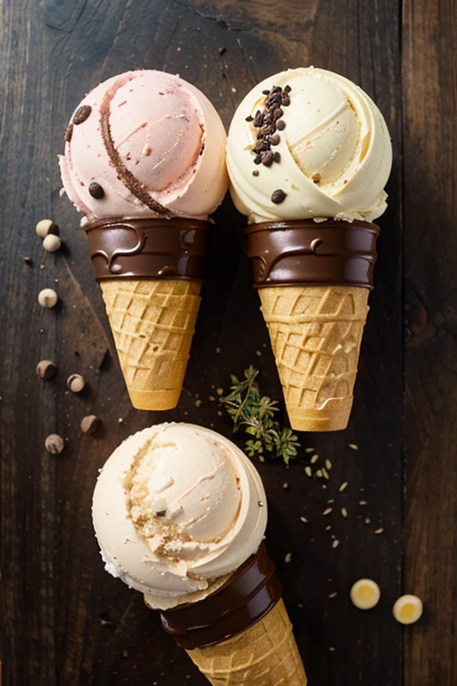 artisanal ice creams with chocochip, fruity and flavoring herbs