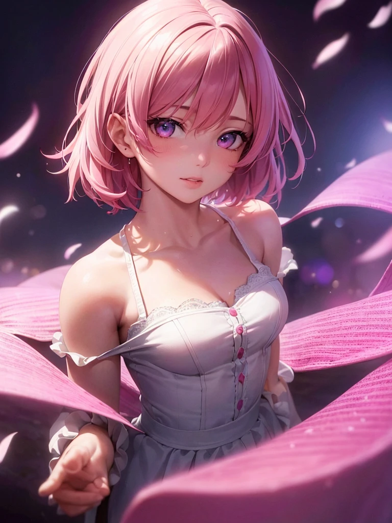 1girl, portrait, loli anime girl with short pink hair wearing maid outfit, pink hair with blue gradient shades, pink eyes, close up face, detailed eyes, detailed hair, emotional lovely happy expression, crystal glowing eyes, cinematic lighting, extremely detailed body, face, clothes, (best quality,4k,8k,highres,masterpiece:1.2),ultra-detailed,(realistic,photorealistic,photo-realistic:1.37),ultra HD, masterpiece, very very anime style, bokeh, starry shining lighting