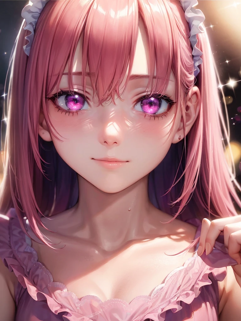 1girl, portrait, loli anime girl with short pink hair wearing maid outfit, pink hair with blue gradient shades, pink eyes, close up face, detailed eyes, detailed hair, emotional lovely happy expression, crystal glowing eyes, cinematic lighting, extremely detailed body, face, clothes, (best quality,4k,8k,highres,masterpiece:1.2),ultra-detailed,(realistic,photorealistic,photo-realistic:1.37),ultra HD, masterpiece, very very anime style, bokeh, starry shining lighting