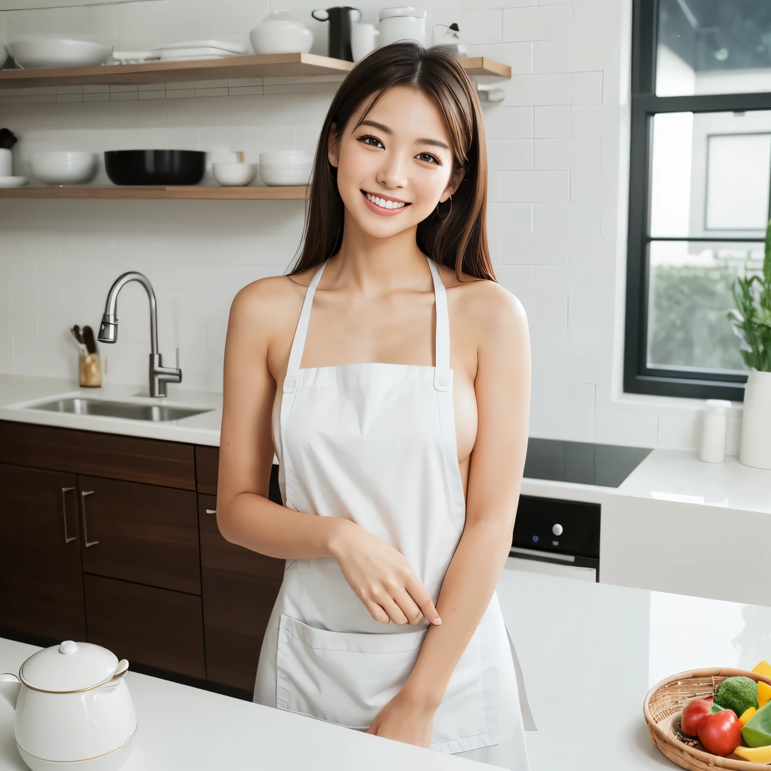 (table top、highest quality、8K、Award-winning work、ultra high resolution)、one beautiful woman、(wearing the most natural and perfect apron:1.1)、(naked apron:1.2)、(Look at me with your best smile:1.1)、(Show your beautiful teeth and have the best smile:1.1)、perfect beautiful teeth、emphasize body line、(bust up photo:1.1)、(upper body photo:1.2)、(big breasts:1.1)、(The most natural and practical kitchen:1.1)、(Perfectly organized and clean kitchen:1.1)、(modern and elegant kitchen:1.1)、(Perfect kitchen with state-of-the-art induction:1.1)、(Beautiful modern kitchen with a unified feel:1.1)、(very bright:1.2)、(Very bright and glowing skin:1.1)、It's very vivid、the most vivid、High chroma、radiant beautiful skin、A refreshing and beautiful perfect window、ultra high resolutionのperfect beautiful teeth、(Ultra high definition glossy skin:1.1)、(very brightly lit、明るい and glowing skin:1.2)、Super high-definition sparkling eyes、(accurate ???????:1.1)、(the most elegant and perfect posture:1.1)、short hair
