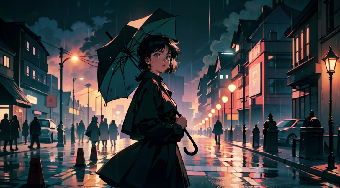 Rainy street lamp、A woman holding an umbrella、, London,Classic atmosphere、 Woman wearing a trench coat, ,Perfect Face, Looking Away, (Backlight: 1.1), A scene from a movie, Soft Shadows, masterpiece, Highest quality, Complex, Model shooting style, Vintage, Film Grain, Wide shot wet hair、Black Dress