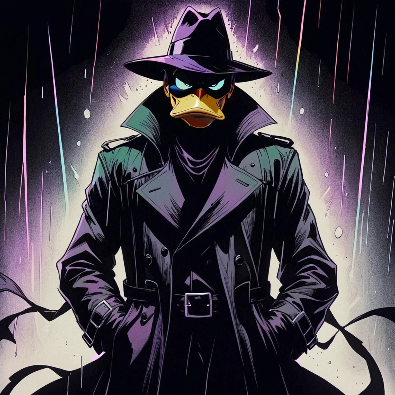 VHS, glitch, distorted, nostalgia, 90's retro vibes, analog tape, vcr aesthetics, tv, television, hand drawn, (full roygbiv color) ink charcoal expressive illustration, no light source, darkness, light mask uv rays across face, splash page, cinematic, darkwing duck wearing black trenchcoat, abyss black void coat, shades of darkness, no light source, hand drawn, animated, rotoscope, consuming insatiable darkness black trenchcoat