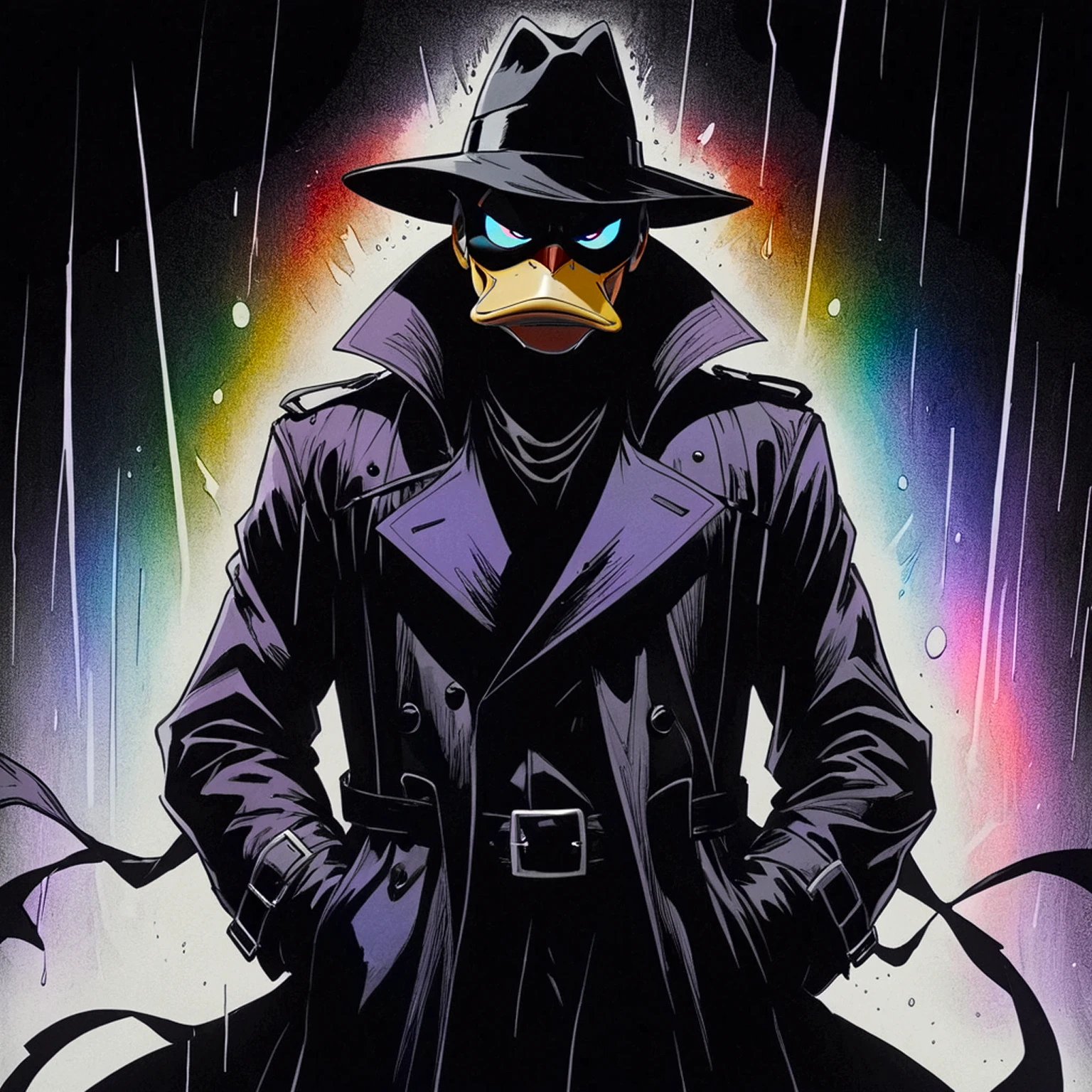  VHS, glitch, distorted, nostalgia, 90's retro vibes, analog tape, vcr aesthetics, tv, television, hand drawn, (full roygbiv color) ink charcoal expressive illustration, no light source, darkness, light mask uv rays across face, splash page, cinematic, darkwing duck wearing black trenchcoat, abyss black void coat, shades of darkness, no light source, hand drawn, animated, rotoscope, consuming insatiable darkness black trenchcoat