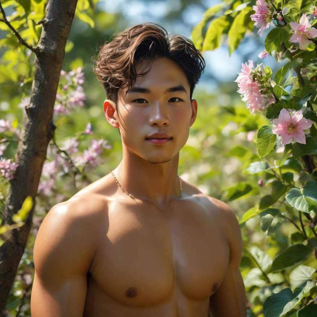 Behold a fashion editorial photo shoot featuring a photogenic and charming 23 year old male supermodel, Mixed of Latino and Japanese man, sweet smile, an angelic face adorned with natural blemishes and freckles, he boasts short buzz-cut hair, a symmetric face, and a natural olive skin tone that embodies youthfulness and athleticism, skinny, Exuding a unique allure with his exotic features, he stands in a meadow adorned with wild colorful flowers, ((wearing white sheer jockstrap with a semi-hard bulge)), the focus subtly directed towards it. Against the backdrop of vibrant greenery, he is captured in a full-body pose with a dynamic low angle, emphasizing his captivating presence and the intricate details of the surroundings.
The photograph is taken with a Canon EOS R camera using an 85mm f/1.8 lens at an f/2.2 aperture, utilizing natural light. Employing three-point lighting and incorporating 3D animation shadows enhances his features and adds depth to the composition. The careful layering and arrangement of his body parts and surrounding objects ensure a flawless composition. This masterpiece celebrates the beauty of the male form and invites viewers to immerse themselves in a world of sophistication and charm. The seductive lighting and intricate details, combined with a dramatic composition, invite viewers to revel in the essence of a fun-filled day, brimming with joy and relaxation. Attention is meticulously paid to the layers and arrangement of his body parts and surrounding objects, ensuring correct body structure and photo distance. The romantic atmosphere, paired with a lively and extremely gorgeous background, enhances the overall allure of this exquisite image.