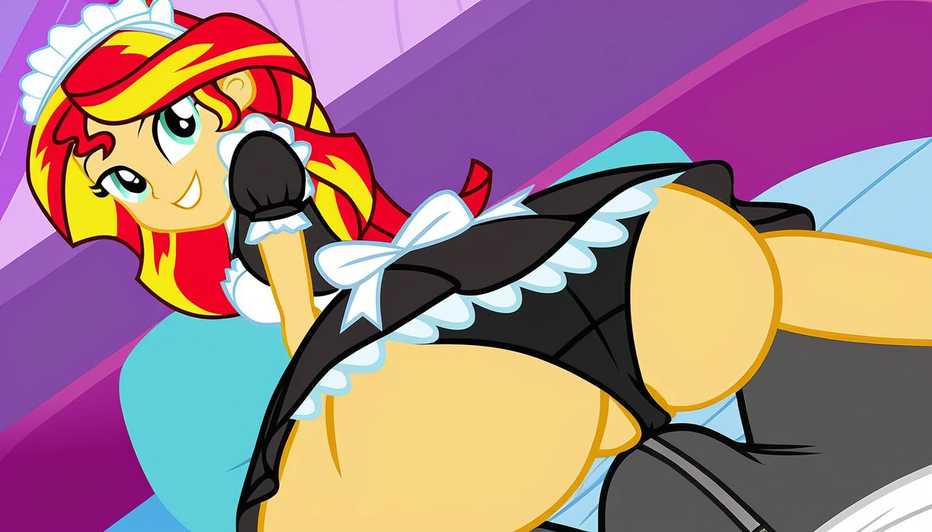 upskirt, duo focus, equestria girls, sunset shimmer, vagina in panties, smiling, butt, clothes, maid, panties, big butt, underwear, sunbutt, show accurate, vector, male pov, tenting, crotch bulge, erection in pants, offscreen male character