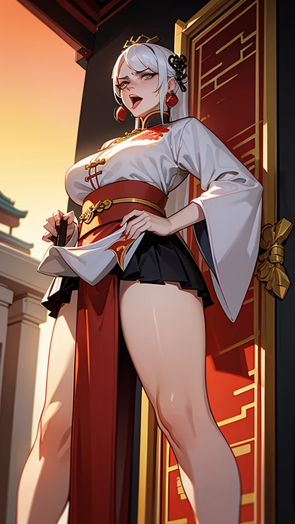 A female empress, white-haired, with intense golden eyes, red nails, with notable physical characteristics, mostrando os peitos, legs open showing pussy, with an angry face and a provocative look, with open mouth showing tongue. Wearing traditional Chinese imperial clothing decorated in gold with black details, with red Hanafuda earrings, with a short red skirt. Holding a majestic black-handled spear. Standing on a balcony of a Chinese castle with a sunset and flags in the background.