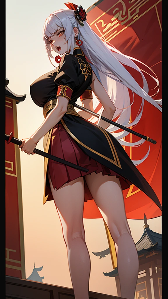A female empress, white-haired, with intense golden eyes, red nails, with notable physical characteristics, mostrando os peitos, legs open showing pussy, with an angry face and a provocative look, with open mouth showing tongue. Wearing traditional Chinese imperial clothing decorated in gold with black details, with red Hanafuda earrings, with a short red skirt. Holding a majestic black-handled spear. Standing on a balcony of a Chinese castle with a sunset and flags in the background.