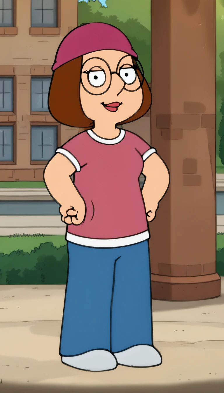 meg, (((1girl, solo, alone, short brown hair, glasses))), flat color, looking at viewer, smile,
blue pants, beanie, pink shirt,
standing, hands on own hips, sexy pose, dynamic pose, dynamic angle, cowboy shot,
outdoor, house, day,