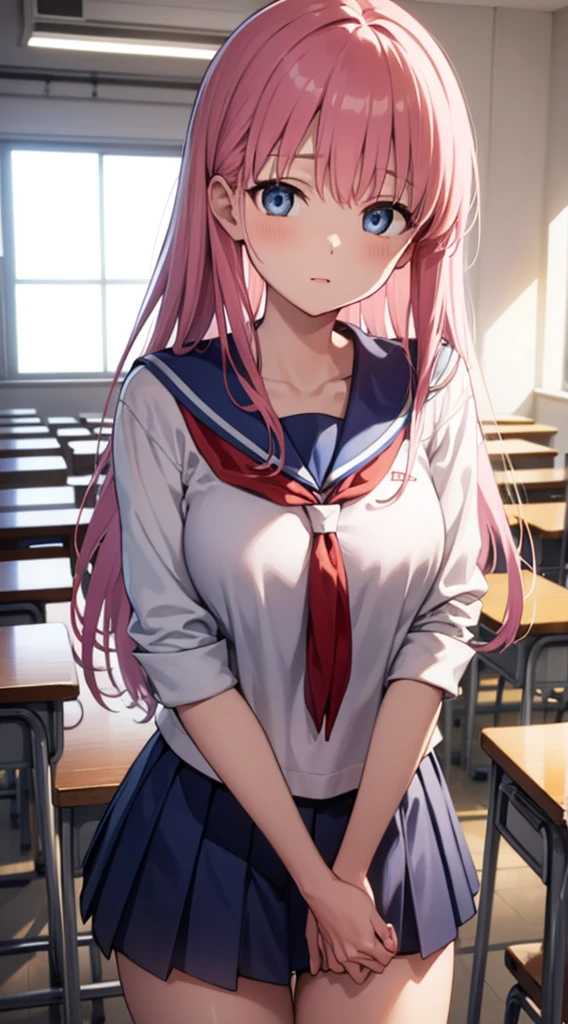 nodokaharamura, nodoka haramura, blue eyes, hair bow, long hair, pink hair, bow,
BREAK blue skirt, kiyosumi , pleated skirt, , serafuku, skirt,
BREAK looking at viewer,
BREAK indoors, classroom,
BREAK (masterpiece:1.2), best quality, high resolution, unity 8k wallpaper, (illustration:0.8), (beautiful detailed eyes:1.6), extremely detailed face, perfect lighting, extremely detailed CG, (perfect hands, perfect ???????),