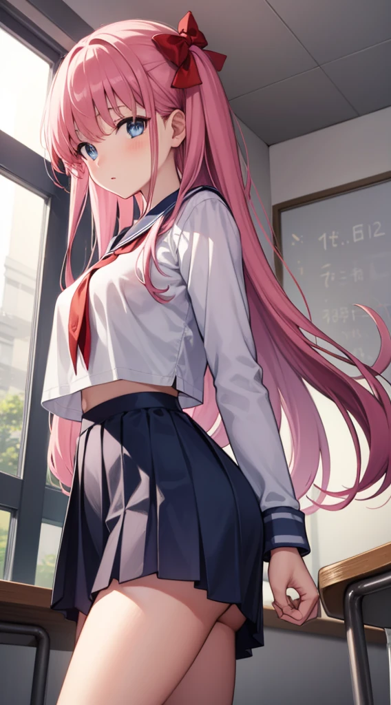 nodokaharamura, nodoka haramura, blue eyes, hair bow, long hair, pink hair, bow,
BREAK blue skirt, kiyosumi , pleated skirt, , serafuku, skirt,
BREAK looking at viewer,
BREAK indoors, classroom,
BREAK (masterpiece:1.2), best quality, high resolution, unity 8k wallpaper, (illustration:0.8), (beautiful detailed eyes:1.6), extremely detailed face, perfect lighting, extremely detailed CG, (perfect hands, perfect anatomy),