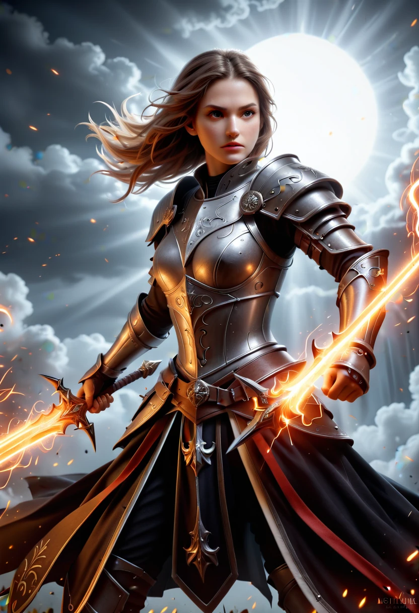female knight, powerful aura, unleashing a slash, dynamic pose, glowing energy, intense expression, detailed armor, fantasy setting, battle scene, vibrant colors, magic, flowing hair, epic, fierce, shining sword, action, dramatic lighting, high contrast, sparks, mystical, warrior, heroic, ethereal, enchanted, strong, determined, anime style, intricate design, motion blur, radiant, fierce battle, medieval fantasy, power, dramatic, swirling energy