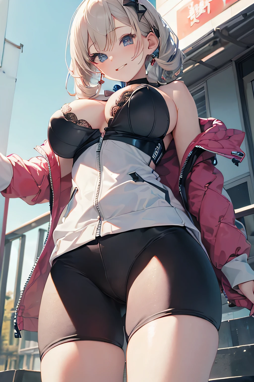 (Highly detailed and exquisite 3D rendering)、(((Perfect photo))), One Girl, alone, , Azusa Nakano, , Jacket, View your viewers, smile、((濡れたBetween the legs)), SFW with hidden breasts, Big ample breasts!, SFW Big, Beautiful and seductive anime woman, Big ample breasts!!, Bust ratio adopted, Highest quality, Official Art, Best Anatomy, ((Super shiny bike shorts,:1.5))、Glowing Skin、Cowboy Shot, (From belowの超クローズアップ)、(((From below、Between the legs,Focus the head, chest and legs in the center of the screen.:1.8)))