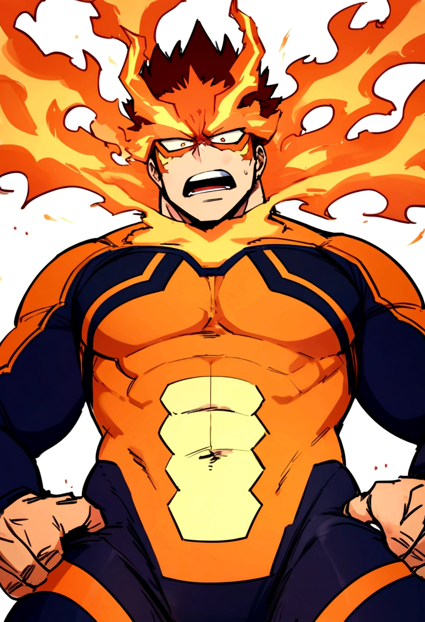 Endeavor, my hero academia, from front, super fine, bodysuits, middle-aged man, hunk, looking down and mouth wide open with shocked face, groin grabbed, groin squeezed,