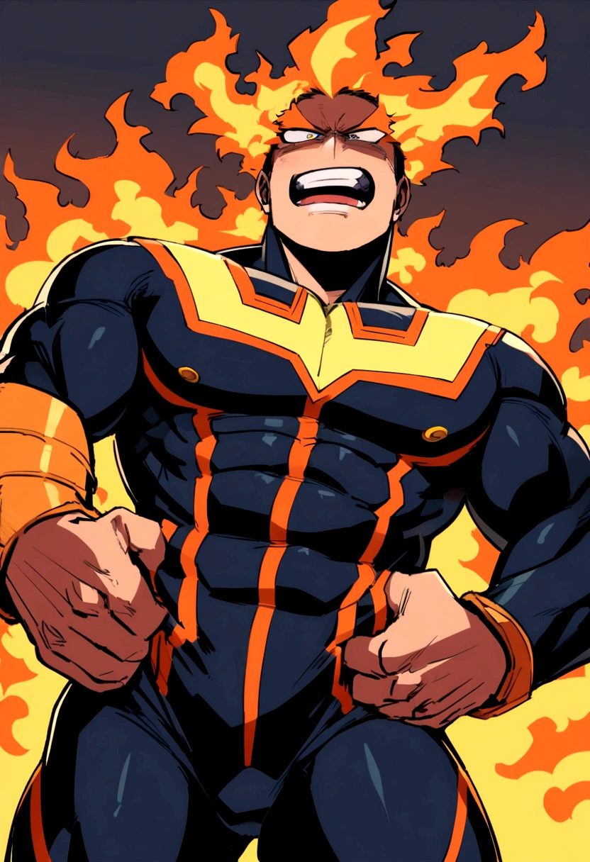 Endeavor, my hero academia, from front, super fine, bodysuits, middle-aged man, hunk, looking down and mouth wide open with shocked face, groin grabbed, groin squeezed,