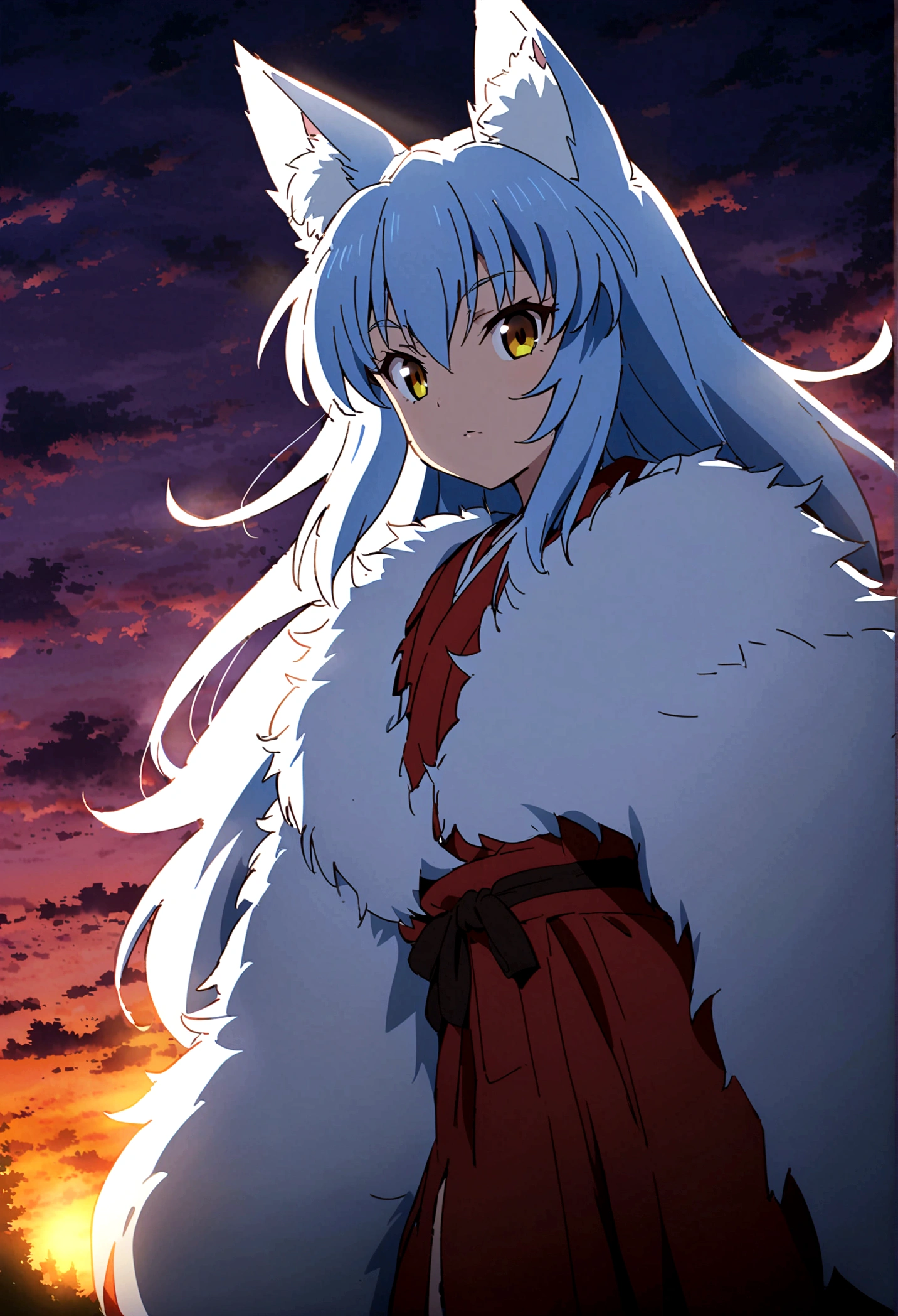 fox Light blue hair beast girl indigo fur fox beast girl fox Light blue hair beast girl indigo fur fox beast girl Sesshomaru, Yellow eyes, Anime, Perfect face, Perfect Lighting, Outdoors, Warm colors, Dark purple sky, Autumn sunset, \(inuyasha\), Bearing Claw, Ready to fightPerfect Lighting, Outdoors, Warm colors, Dark purple sky, Autumn sunset, fox Light blue hair beast girl indigo fur fox beast girl