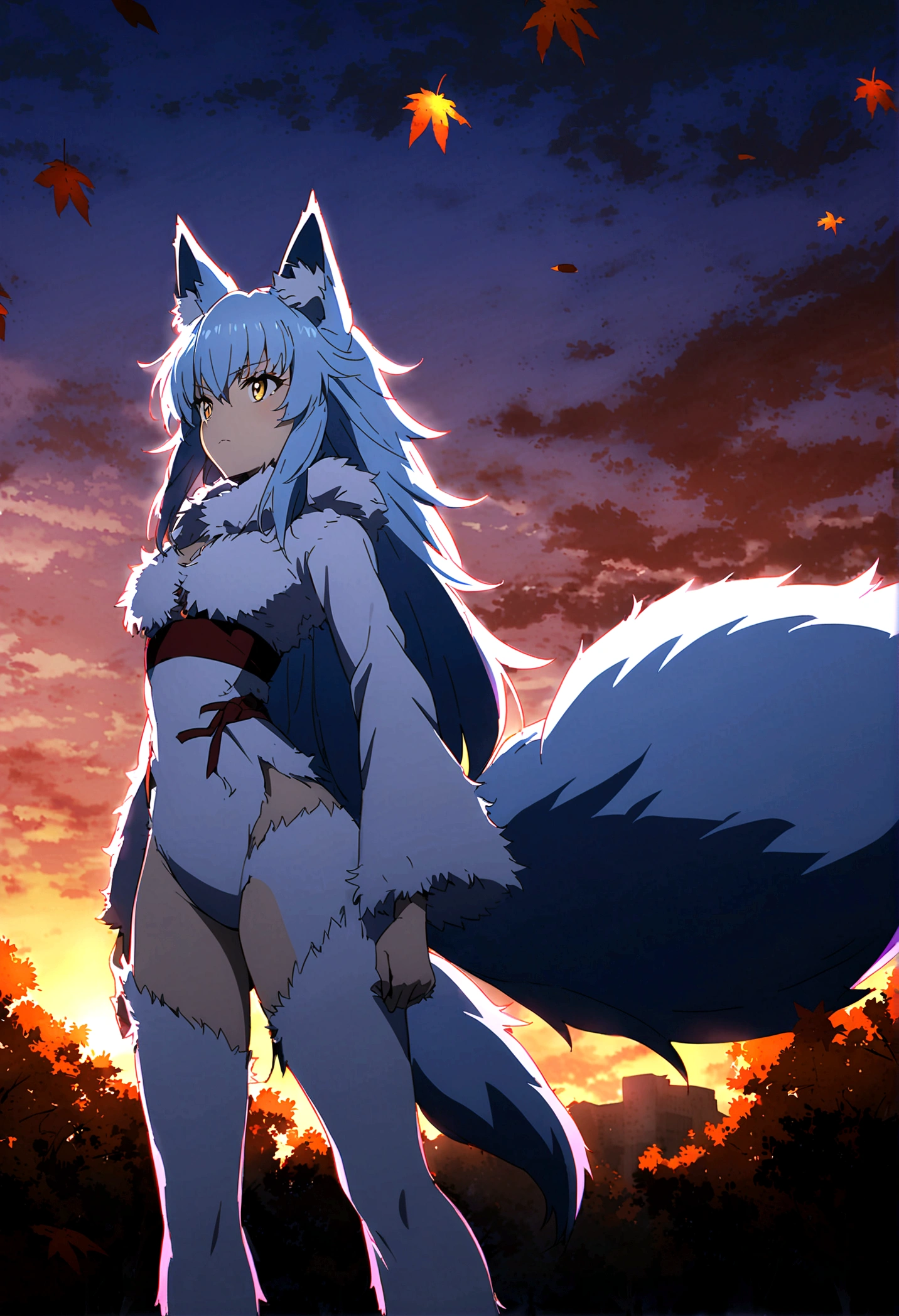 fox Light blue hair beast girl indigo fur fox beast girl fox Light blue hair beast girl indigo fur fox beast girl Sesshomaru, Yellow eyes, Anime, Perfect face, Perfect Lighting, Outdoors, Warm colors, Dark purple sky, Autumn sunset, \(inuyasha\), Bearing Claw, Ready to fightPerfect Lighting, Outdoors, Warm colors, Dark purple sky, Autumn sunset, fox Light blue hair beast girl indigo fur fox beast girl