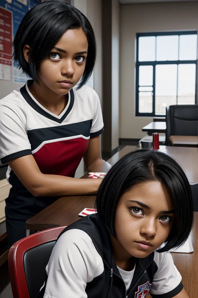 My Hero Academia Capture.
Girl short straight black hair, BROWN SKIN, one black eye and one red eye and has a serious expression. She is wearing the UA uniform and in the background she has a UA school class and she is sitting at a table