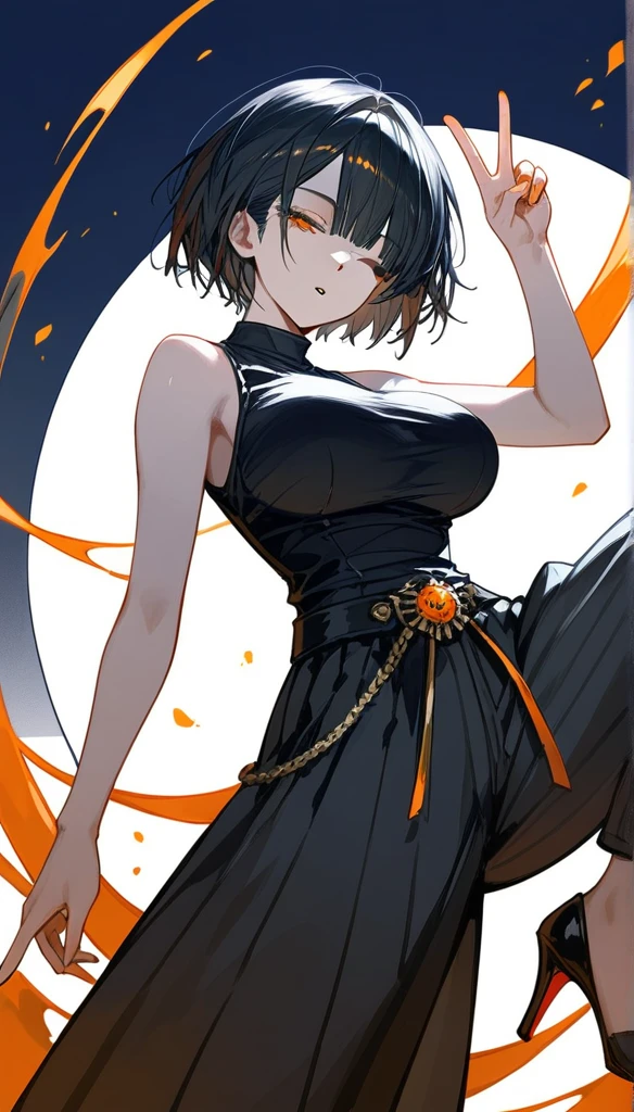 masterpiece, Score_9, Score_8_up, Score_7_up,1 woman, alone, black hair, very short hair, split bangs, gold and orange eyes, half-closed eyes, parted lips, expressionless, pale skin, large breasts, many scars, one scar on one eye, best quality, long open bangs, black sleeveless shirt, black V-neck, baggy pants, high heels