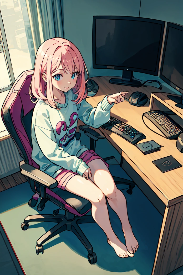 ((best quality)), ((masterpiece)), (detailed), view from above, masterpiece, best quality, gamer desk, gamer chair, pc gamer desk, computer, monitor, vondage, sitting girl, tied Duct tape, pink hair, blue eyes, sweater, bare legs, barefoot,Kamanouchi Kano