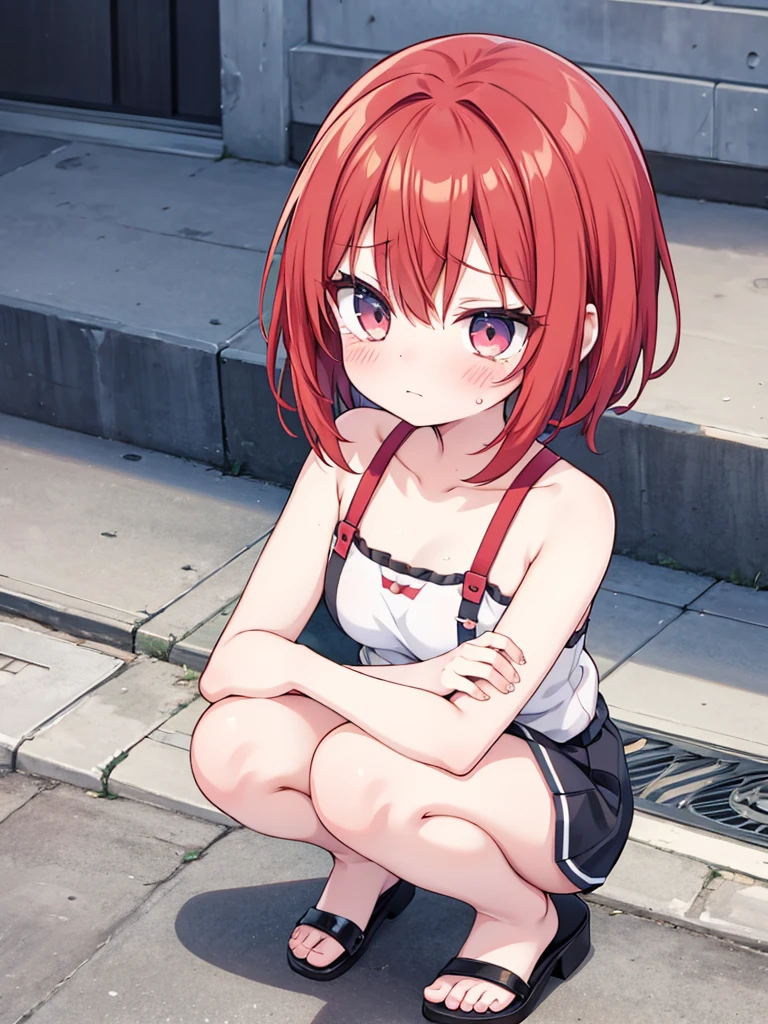 A short red-haired anime girl is sitting on the ground, with a sad expression. (wink), expressing a very sad emotion. Has a hurt expression. A gap moe yandere, yandere, has a sad expression. The expression is cute. Has a bored expression. Crying and stretching out her arms. Has a depressed and sad expression. Narrowing her eyes. (Anime girl), An anime girl is squatting.