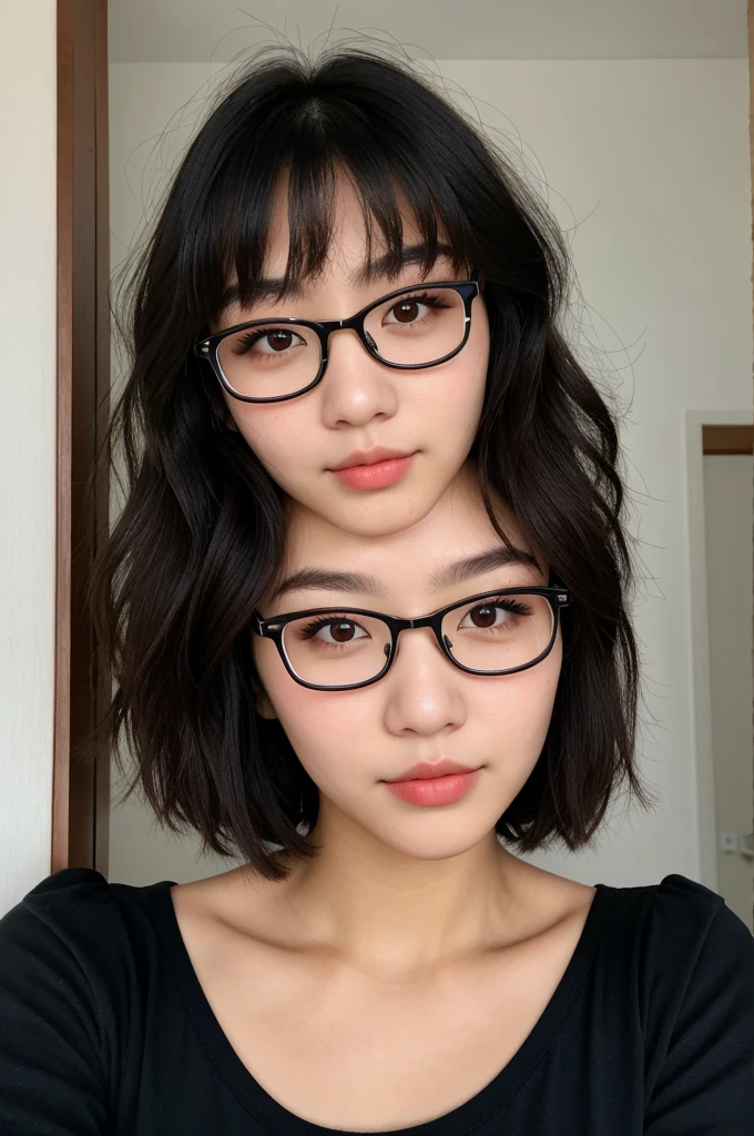I want to create a dark-haired, skinny girl, short hair, short bangs and slanted medium eyes, the eye color that is dark brown, medium small nose and heart-shaped lips a little pompous, two moles under the lip on the left side and a single mole near the chin, round face, at the beginning of the eye I would like them to add a small skin like Asian eyes and double eyelid, with glasses, between the cheek and the eye that has a mole on the left side of the face