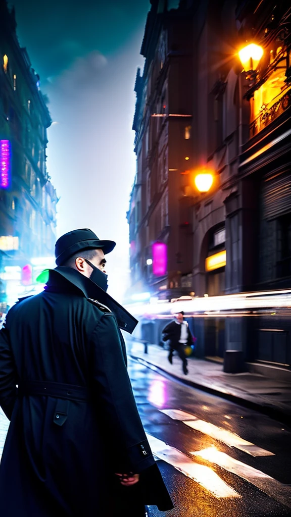 a man in a black trenchcoat running away from the police, extremely detailed, photorealistic, 8k, cinematic lighting, dramatic atmosphere, high contrast, chiaroscuro, moody, suspenseful, dynamic motion blur, intricate details, realistic textures, cinematic composition, dramatic shadows, realistic lighting, hyper-detailed, masterpiece