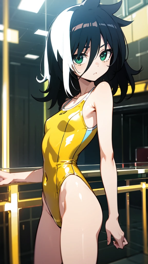 masterpiece, best quality, 1girl, ((young girl)), shiny skin, (thin waist), ((curvy)), ((wide hips)), ((small size)), hot, soft natural lighting, reflections, bright illuminations, upper body, ((( yellow full Swimsuit))), navel, big long black hair, tomoko, sexy, slim figure, Detailed green eyes, Detailed face, Detailed eyes, tomoko kuroki, watamote