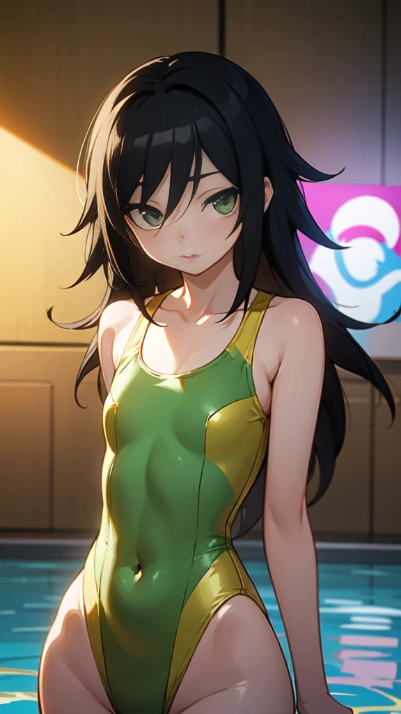 masterpiece, best quality, 1girl, ((young girl)), shiny skin, (thin waist), ((curvy)), ((wide hips)), ((small size)), hot, soft natural lighting, reflections, bright illuminations, upper body, ((( yellow full Swimsuit))), navel, big long black hair, tomoko, sexy, slim figure, Detailed green eyes, Detailed face, Detailed eyes, tomoko kuroki, watamote