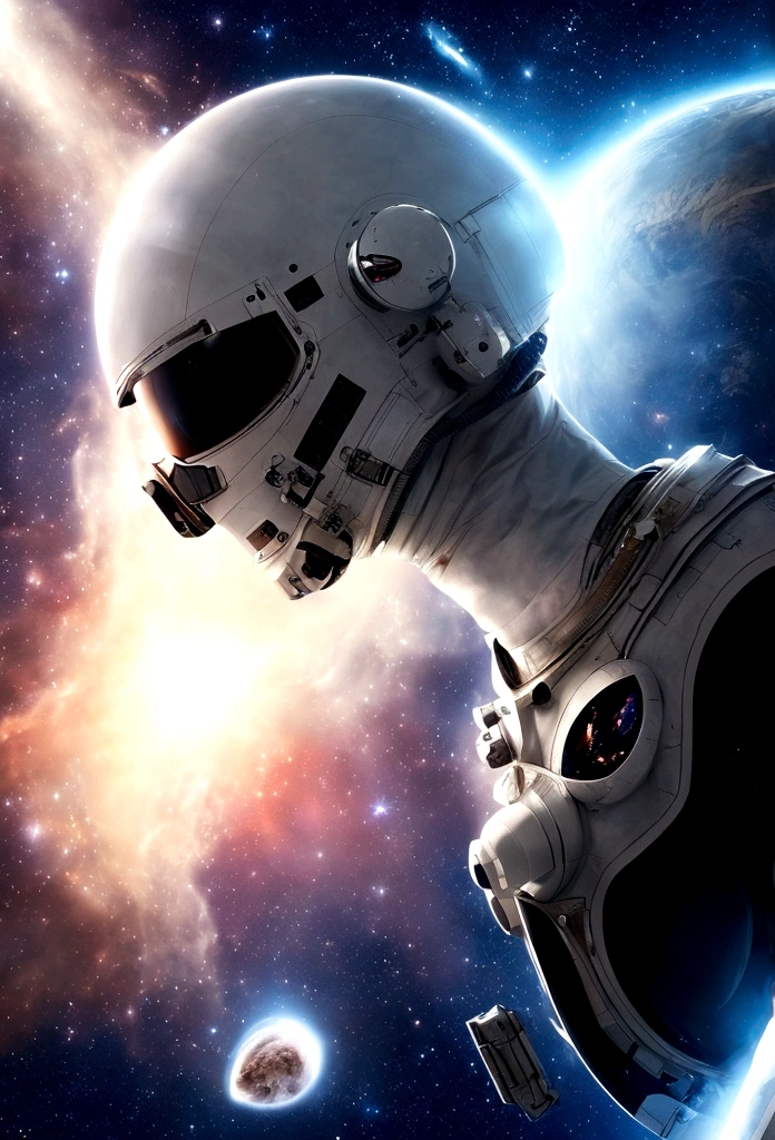 (best quality, 4K, 8K, A high resolution, Artwork:1.2), (realistic, photorealistic, photorealistic:1.37), astronaut floating in space, in the background we have a black hole and some stars, science fiction, Retro technology futuristic, starry fog, exploration, adventure, mystery, Galactic environment, exalted, isolated heroine, interstellar travel, dramatic contrast, distant planets, majestic face, science fiction fashion, smoke and fog effects, contrasting textures, timeless beauty