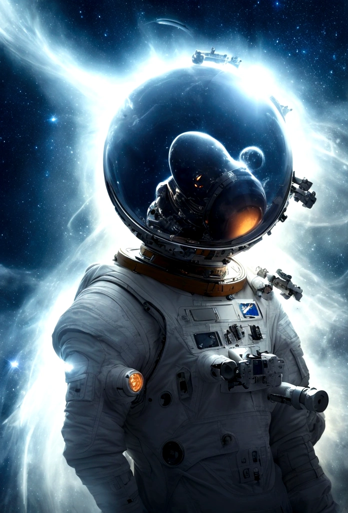 (best quality, 4K, 8K, A high resolution, Artwork:1.2), (realistic, photorealistic, photorealistic:1.37), astronaut floating in space, in the background we have a black hole and some stars, science fiction, Retro technology futuristic, starry fog, exploration, adventure, mystery, Galactic environment, exalted, isolated heroine, interstellar travel, dramatic contrast, distant planets, majestic face, science fiction fashion, smoke and fog effects, contrasting textures, timeless beauty