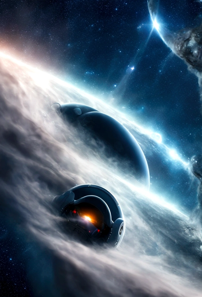 (best quality, 4K, 8K, A high resolution, Artwork:1.2), (realistic, photorealistic, photorealistic:1.37), astronaut floating in space, in the background we have a black hole and some stars, science fiction, Retro technology futuristic, starry fog, exploration, adventure, mystery, Galactic environment, exalted, isolated heroine, interstellar travel, dramatic contrast, distant planets, majestic face, science fiction fashion, smoke and fog effects, contrasting textures, timeless beauty