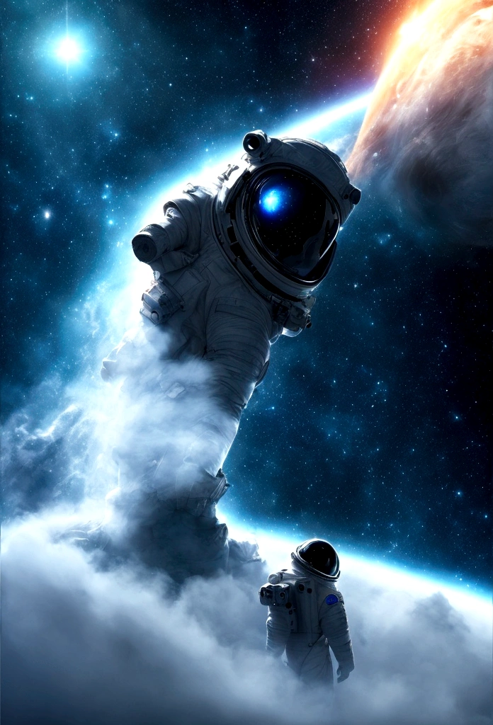 (best quality, 4K, 8K, A high resolution, Artwork:1.2), (realistic, photorealistic, photorealistic:1.37), astronaut floating in space, in the background we have a black hole and some stars, science fiction, Retro technology futuristic, starry fog, exploration, adventure, mystery, Galactic environment, exalted, isolated heroine, interstellar travel, dramatic contrast, distant planets, majestic face, science fiction fashion, smoke and fog effects, contrasting textures, timeless beauty