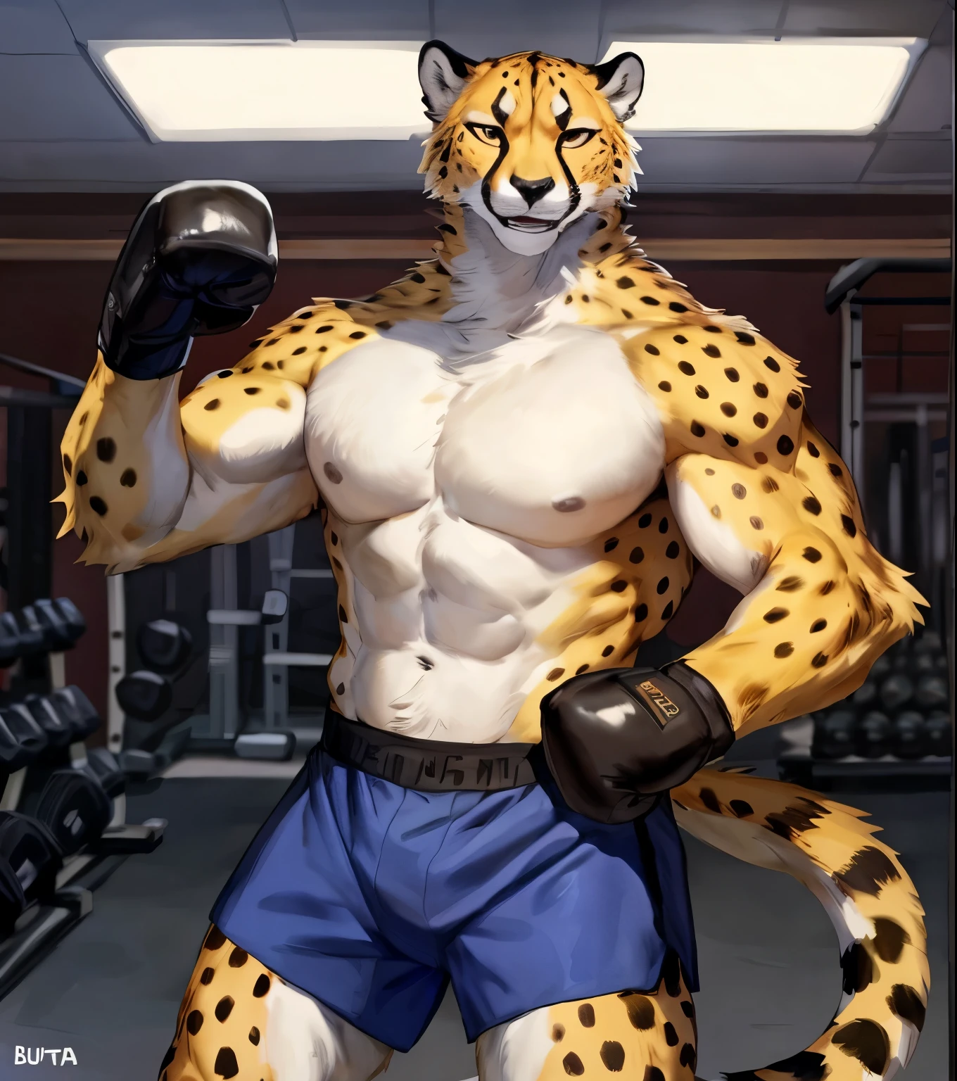 (solo,furry,anthro,realistic), male, standing, punching, smile, teeth grin, front view, hyper muscular body, Cheetah, wearing brown boxer shorts, brown boxing gloves, gym, blurred background, by bebebebebe:1.2, by buta99, by foxovh, by ruan jia