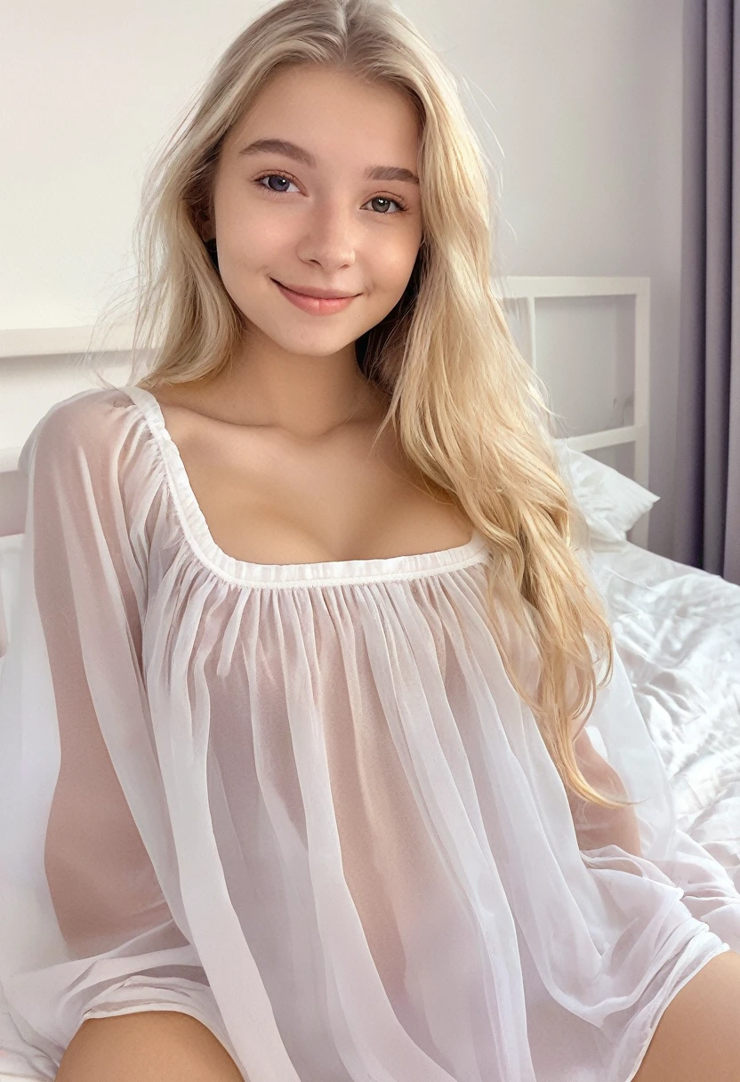 Cute 19 year old blonde girl, (((lying on her bed))), (((lying belly up))), (((in a sexy transparent smock))), (((visible breasts))), taking a selfie, unkempt hair, smiling, white sheets, sexy body, (((visible nipples)))
