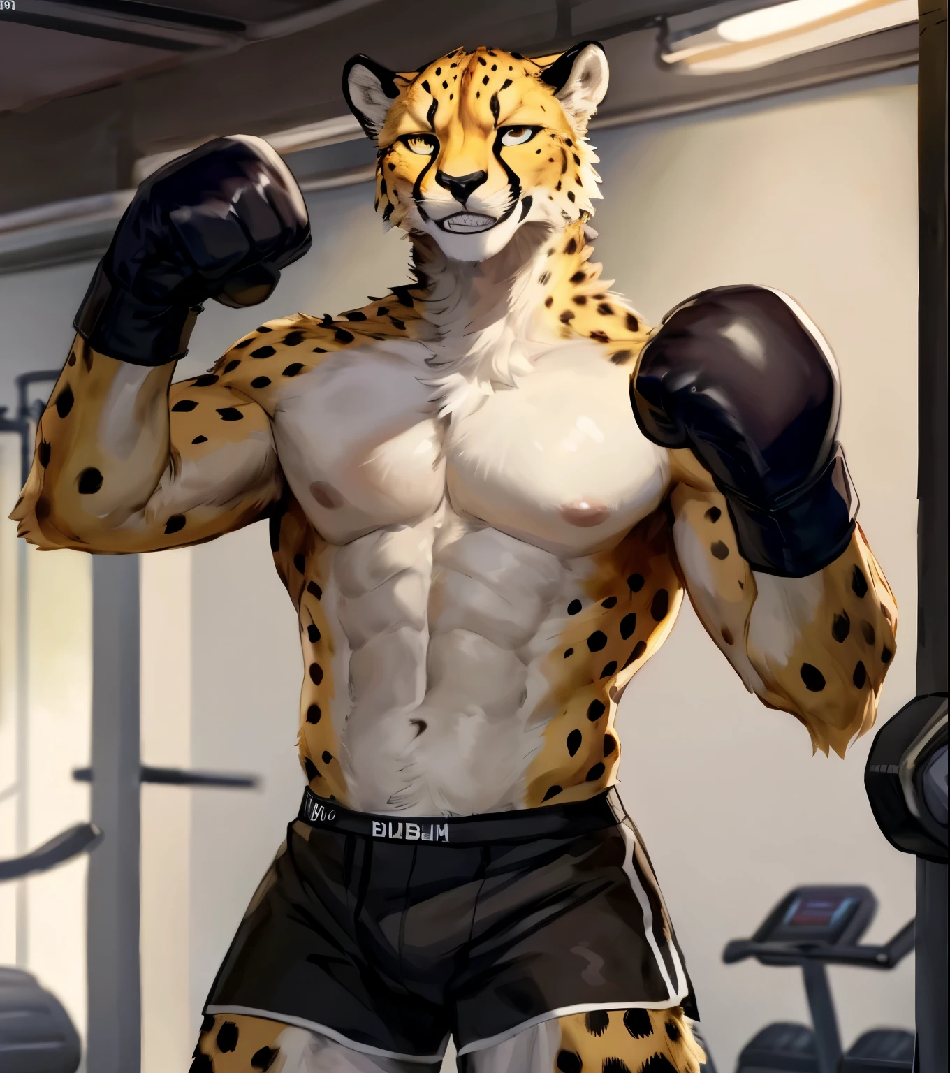 (solo,furry,anthro,realistic), male, standing, punching, smile, teeth grin, front view, hyper muscular body, Cheetah, wearing brown boxer shorts, brown boxing gloves, gym, blurred background, by bebebebebe:1.2, by buta99, by foxovh, by ruan jia