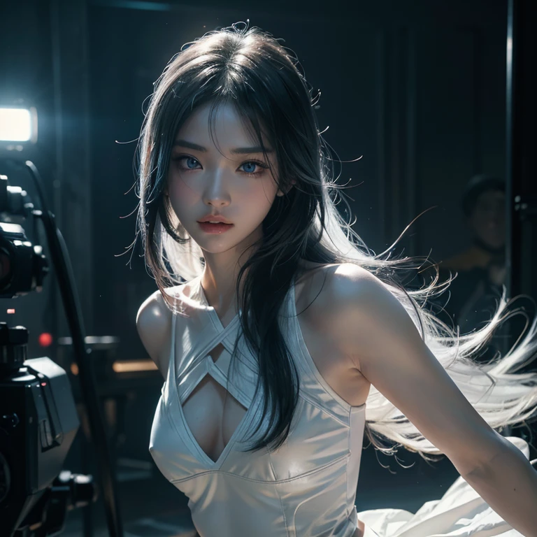 A beautiful Korean girl with long white hair and bangs, icy blue eyes, pale white skin, wearing a white skimpy ninja suit, video game style, mortal kombat style, (best quality,4k,8k,highres,masterpiece:1.2),ultra-detailed,(realistic,photorealistic,photo-realistic:1.37),extremely detailed face and eyes,beautiful detailed eyes,beautiful detailed lips,longeyelashes,graceful pose,dynamic action,cinematic lighting,vibrant colors,dark shadows,moody atmosphere