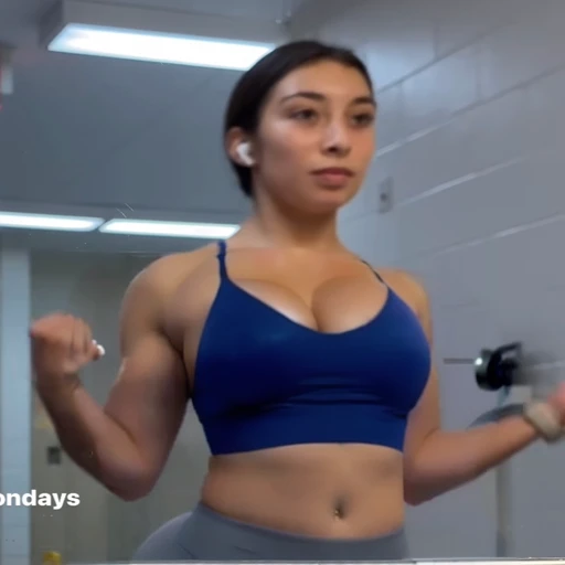 there is a woman in a blue top is standing in a bathroom, violet myers, showing off biceps, chun li at the gym, working out, centered shoulders up view, flexing, crop shirt and strong abs, fit girl, her face flushing and sweat, shoulders up, bursting with muscles, posing and flexing, muscles, shoulders can be seen, Big tits, huge tits, no clothes, sexy, cute, wide hips, thick thighs, pear-shaped body, minimal clothes, thick, bbw, chubby stomach, thick nipples, nipple piercings, large areola, hard nipples, piercing through shirt, nipples hard through shirt, busty, major cleavage, naked, ripping through top, spilling over sides, bra too tight, giant , dominatrix, dominatrix clothes, huge giant , upper body zoom, only wearing bikini, chubby stomach, massive and waist