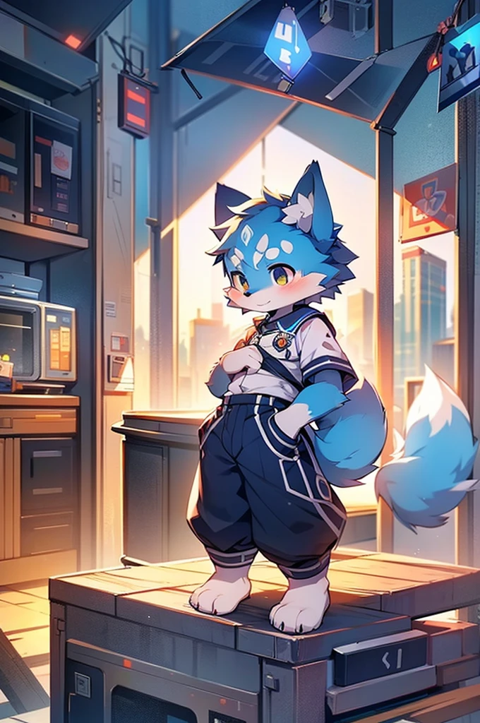 Blue fur, Canine, fox motif, boy, uniform,expensive,One person,Stand up on your own feet,背がexpensive,Cityscape,