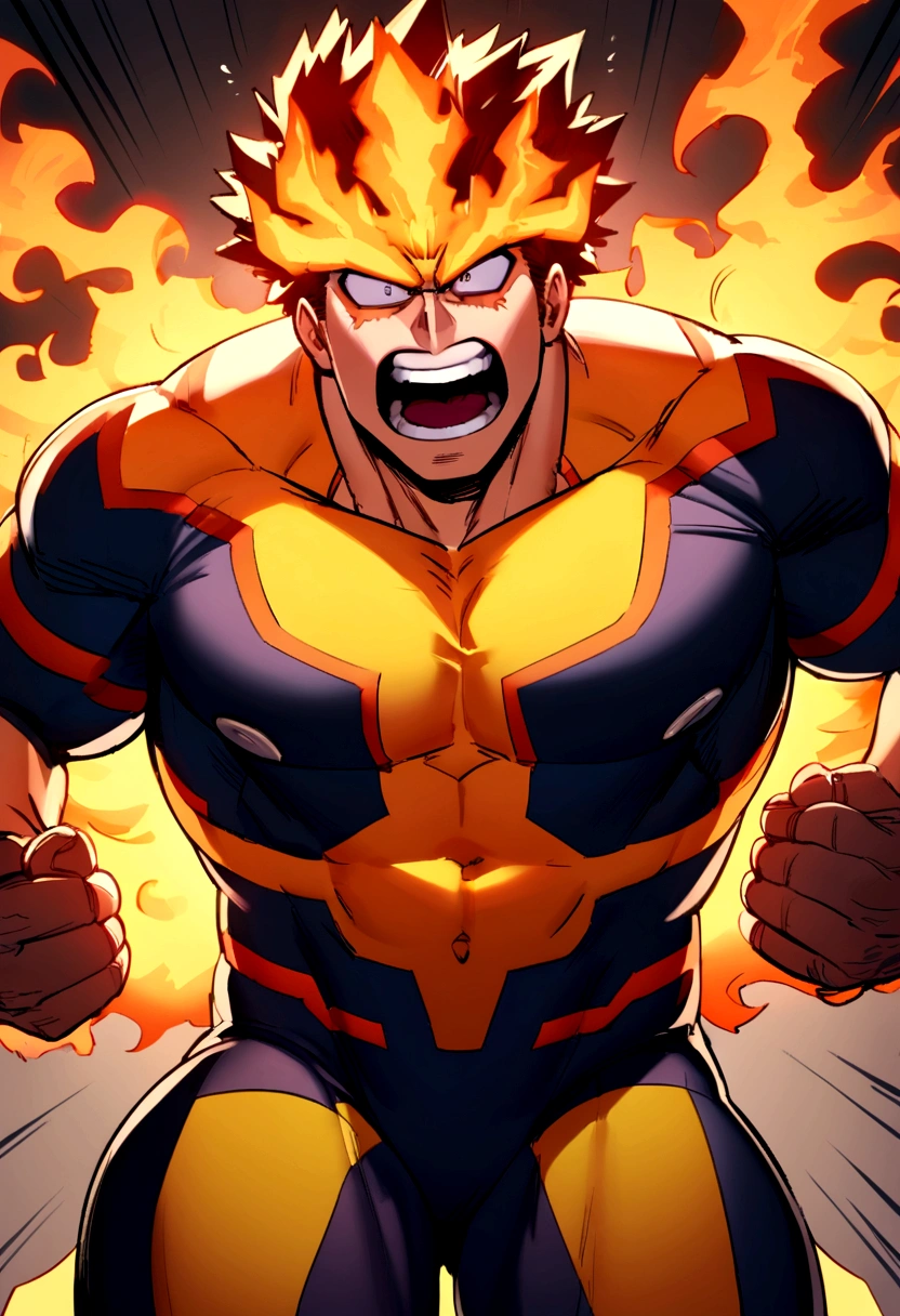 Endeavor, my hero academia, from front, super fine, bodysuits, middle-aged man, hunk, looking down and mouth wide open with shocked face, groin grabbed, groin squeezed,