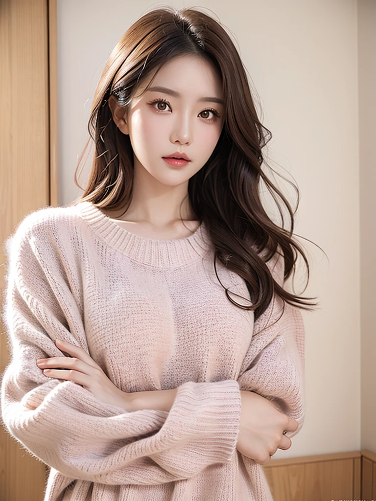 (masterpiece, Highest quality:1.2),Anri Okita, alone,,The eyes are exquisite and delicate,Exquisite hair color,( Wear a sexy sweater:1.2),Pastel Tones,Pink Lips
