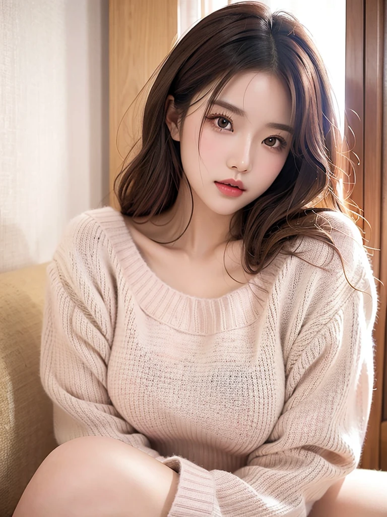 (masterpiece, Highest quality:1.2),Anri Okita, alone,,The eyes are exquisite and delicate,Exquisite hair color,( Wear a sexy sweater:1.2),Pastel Tones,Pink Lips