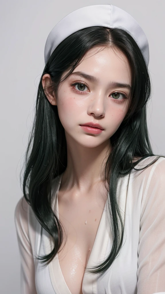 best quality, masterpiece, (lifelike:1.4), 1 17 year old girl, A faint smile, Dark green hair，White nurse uniform，Nipple protrusion，Wet，A lot of sweat，Marks，blushed skin，/Upscale，Height 175cm，Natural beautiful face，slim body，Pure white background，Fair and rosy skin，Messy Curls
