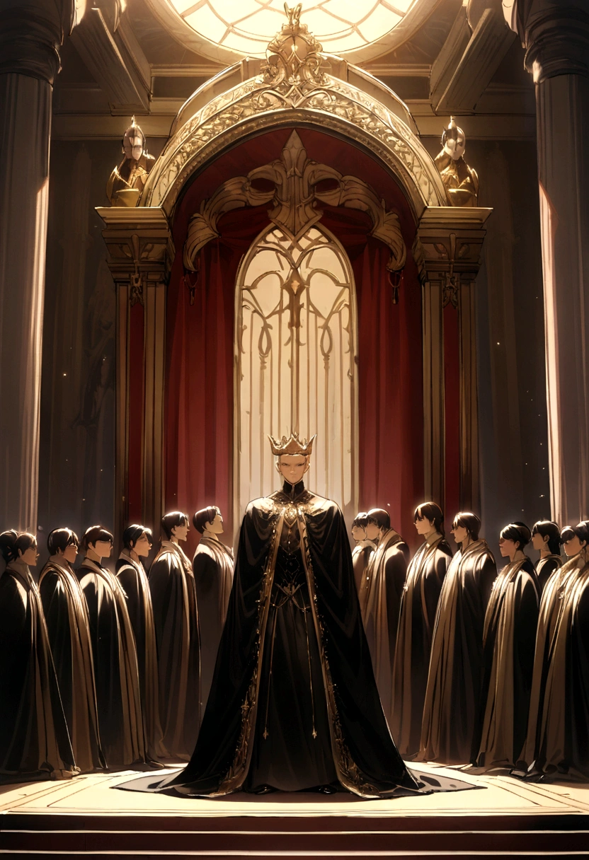 supper: A large royal hall, lavishly decorated, where a young group of three men stand before an imposing throne. the king, depicted with opulent robes and a glittering crown, looks sternly at young people. Young people, with determined expressions, refuse to bow before the king, standing firm in your faith. No fundo, Heavy curtains and ornate pillars highlight the majestic and solemn ambiance of the palace.