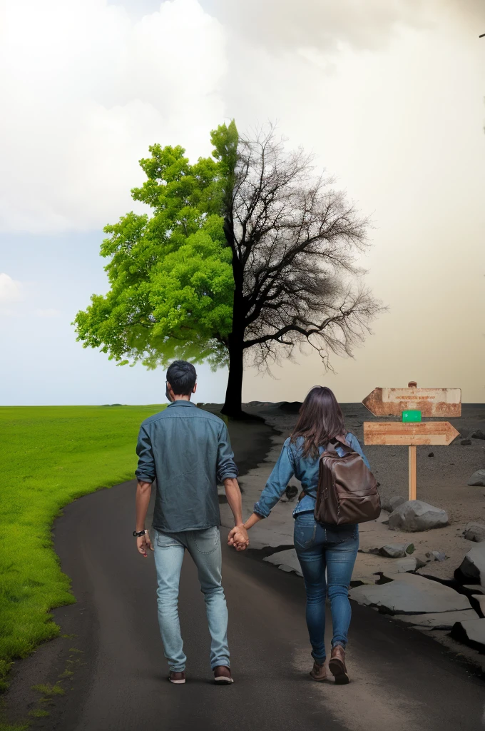 there is a thin brown man of medium size and a thin woman walking down a road hand in hand, make the fingers with details the poster by Nándor Katona, tumblr, Realism, Book cover!!!!!!!!!!!!, art concept for a Book cover, cover illustration, poster, novel cover, emotional image, cover art, walking together, novel cover art for a book, realistic photo, photo manipulation, novel Book cover