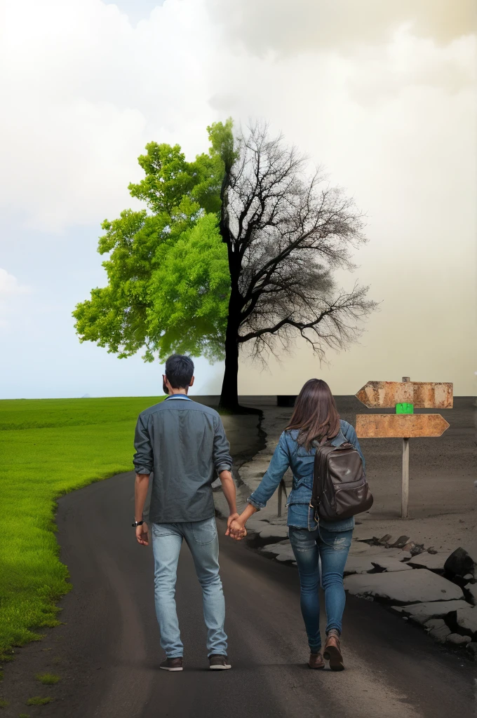 there is a thin brown man of medium size and a thin woman walking down a road hand in hand, make the fingers with details the poster by Nándor Katona, tumblr, Realism, Book cover!!!!!!!!!!!!, art concept for a Book cover, cover illustration, poster, novel cover, emotional image, cover art, walking together, novel cover art for a book, realistic photo, photo manipulation, novel Book cover