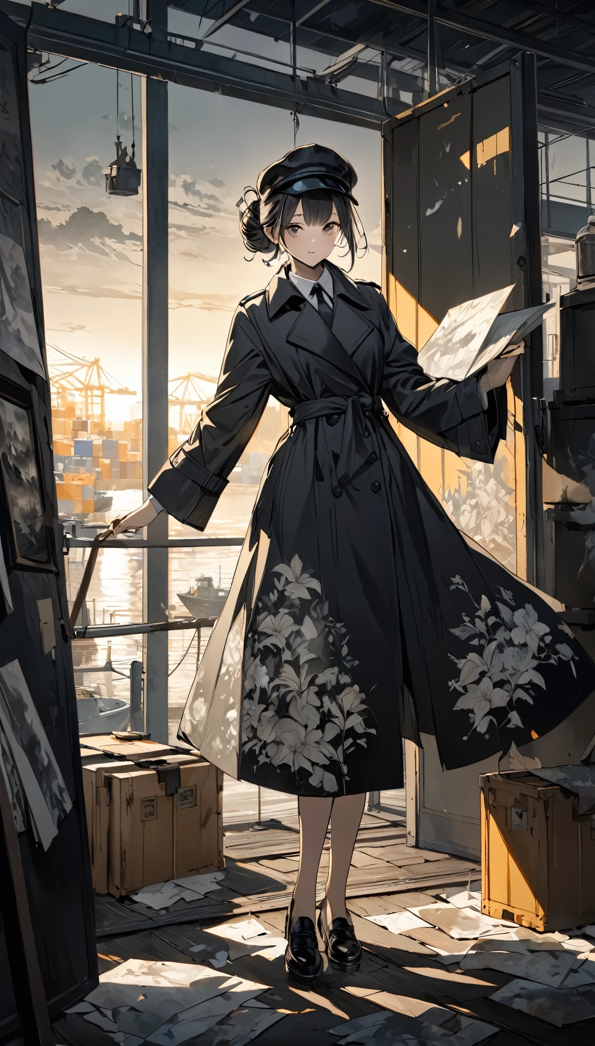 fusion of watercolors and oil paintings, fusion of paper cutting and shadow puppetry, mix of monochrome and color, best quality, super fine, 16k, incredibly absurdres, extremely detailed, 2.5D, delicate and dynamic depiction, a container warehouse in a port at dim night, faint moonlight, a person in a black trench coat with their hair up and a hat pulled down low to hide their gender, tall, facial expression unknown, probably a spy, dirty effects, dirty image work, prime lenses, lens filters, clear subject