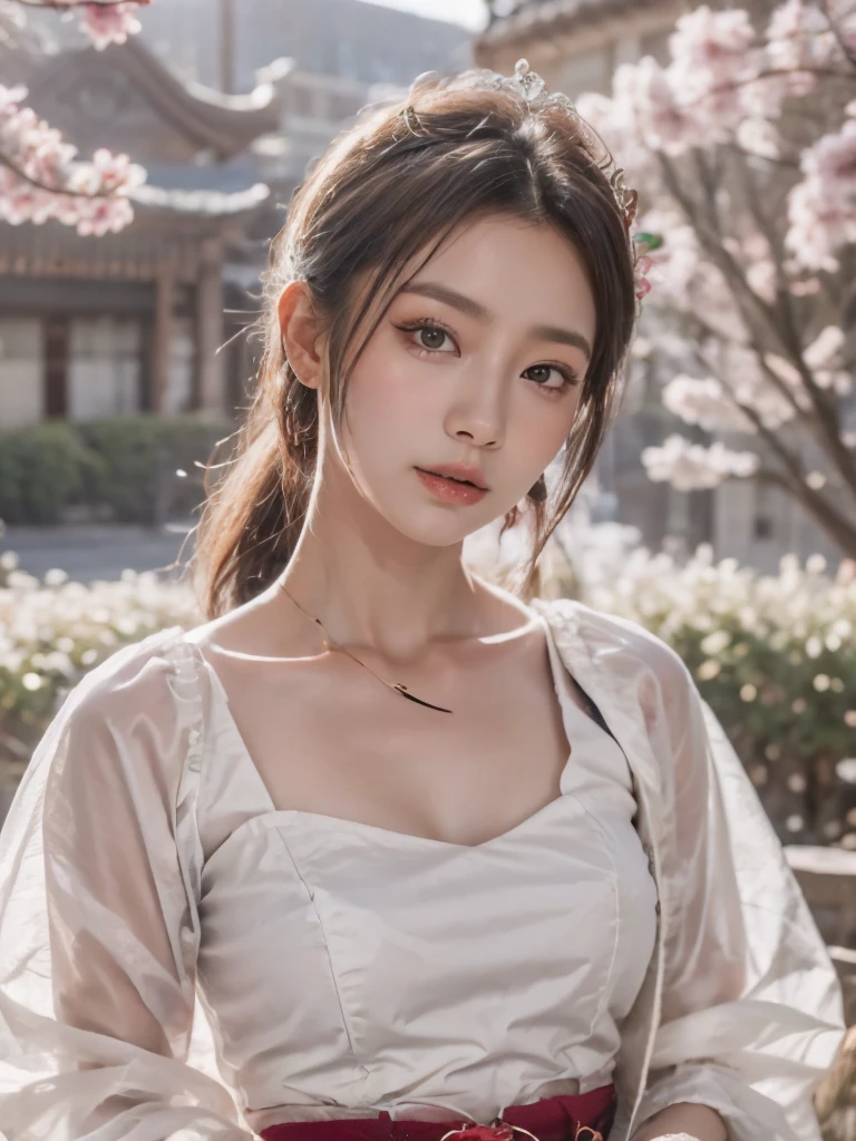 Blue sky and white clouds，Mountains in the distance、tower and many people，Pink flowers，Cherry tree，Hanfu woman,Phoenix crown tiara、Fine embroidery、穿Hanfu裤袜、Hanfu、穿长袖Hanfu、Transparent and clearly visible、Look and、Exposed oversized breasts、Raw,(8K、Top quality、masterpiece:1.8)、(Intricate details:1.8)、(Reality:1.8)、Octane Rendering、Complex 3D rendering with ultra-details, Studio soft light, Side light, Vivid details, Super Detail, Realistic skin texture, Details, beautiful eyes, Highly detailed CG Unity 16k wallpaper, cosmetic, (Detailed background:2.0), Clear your fingers，Beautiful fingers，Radiant skin、Spread your legs，Camel toe showing thigh!!!、