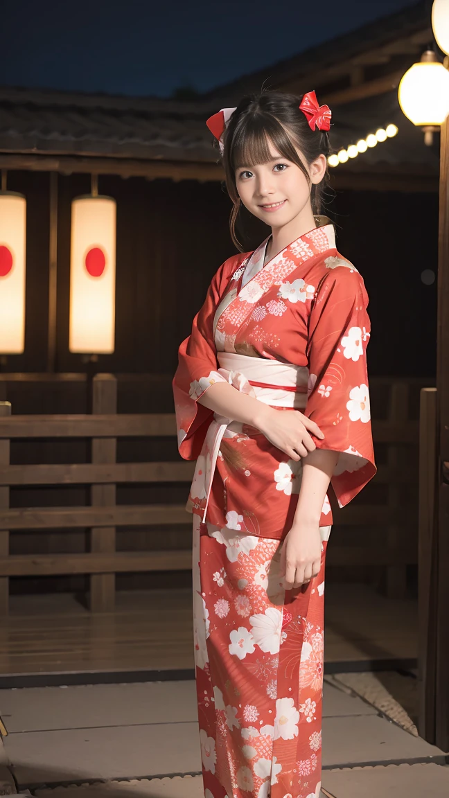 Red wooden clogs、Full Body、Beautiful yukata girl、 The background is a rural night Bon Odori dance、Hello Kitty patterned yukata
