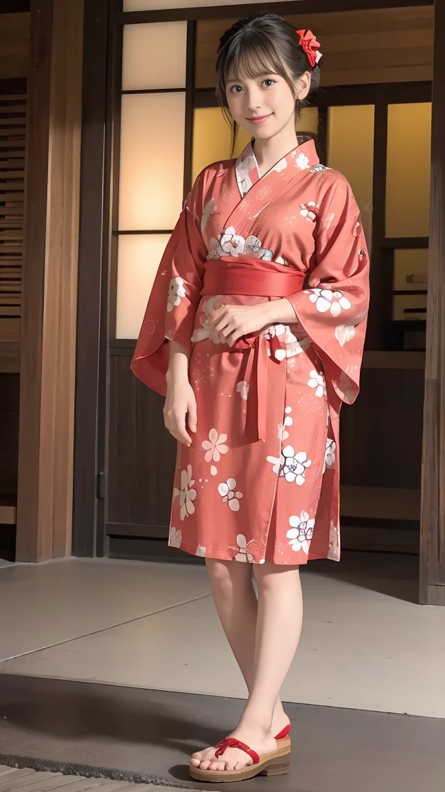 Red wooden clogs、Full Body、Beautiful yukata girl、 The background is a rural night Bon Odori dance、Hello Kitty patterned yukata