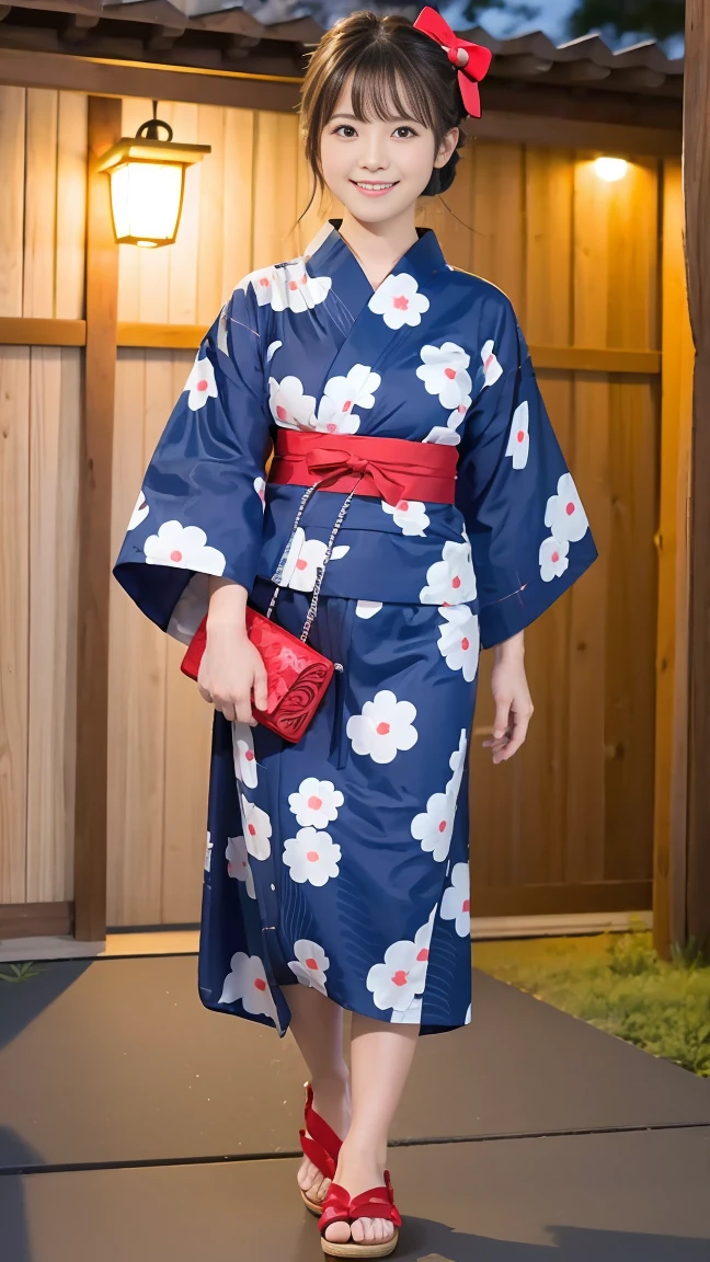 Red wooden clogs、Full Body、Beautiful yukata girl、 The background is a rural night Bon Odori dance、Hello Kitty patterned yukata
